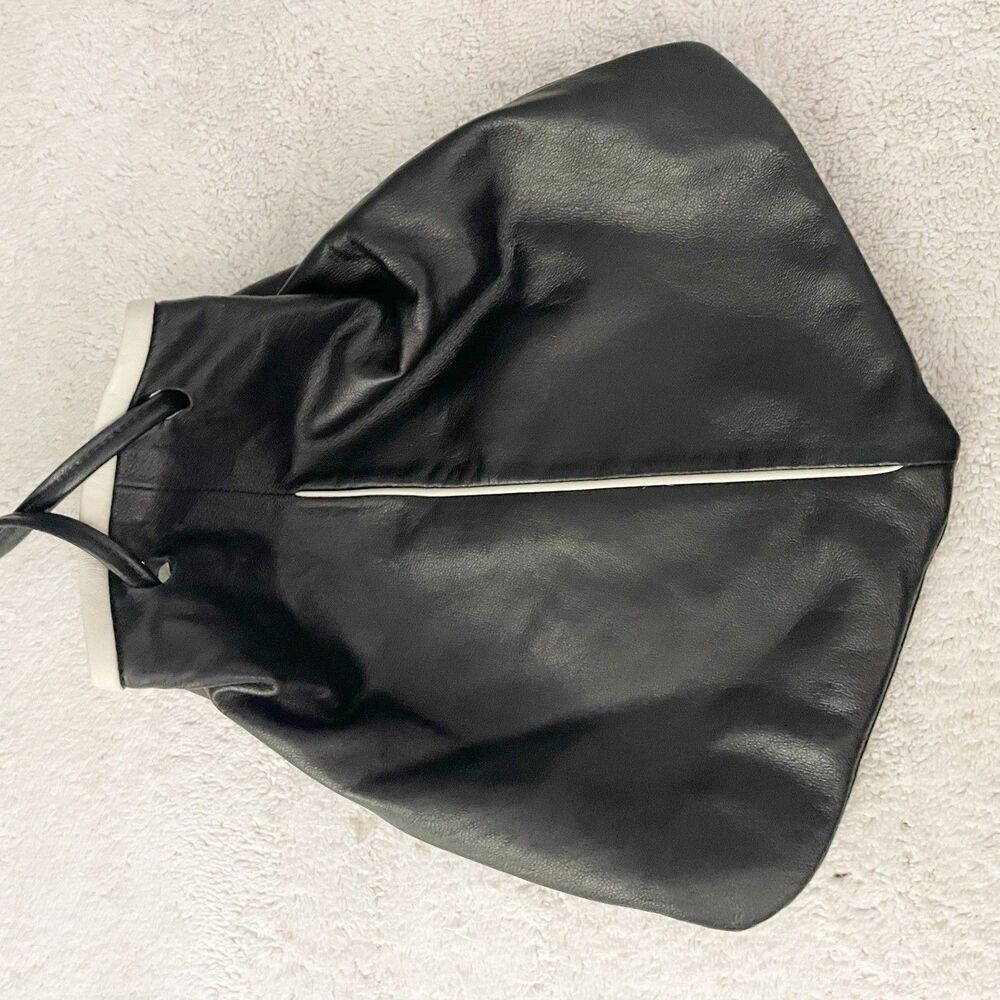 Vintage Black Leather Shoulder Bucket Drawstring Bag with White Trim Artsy 90s - Picture 6 of 9
